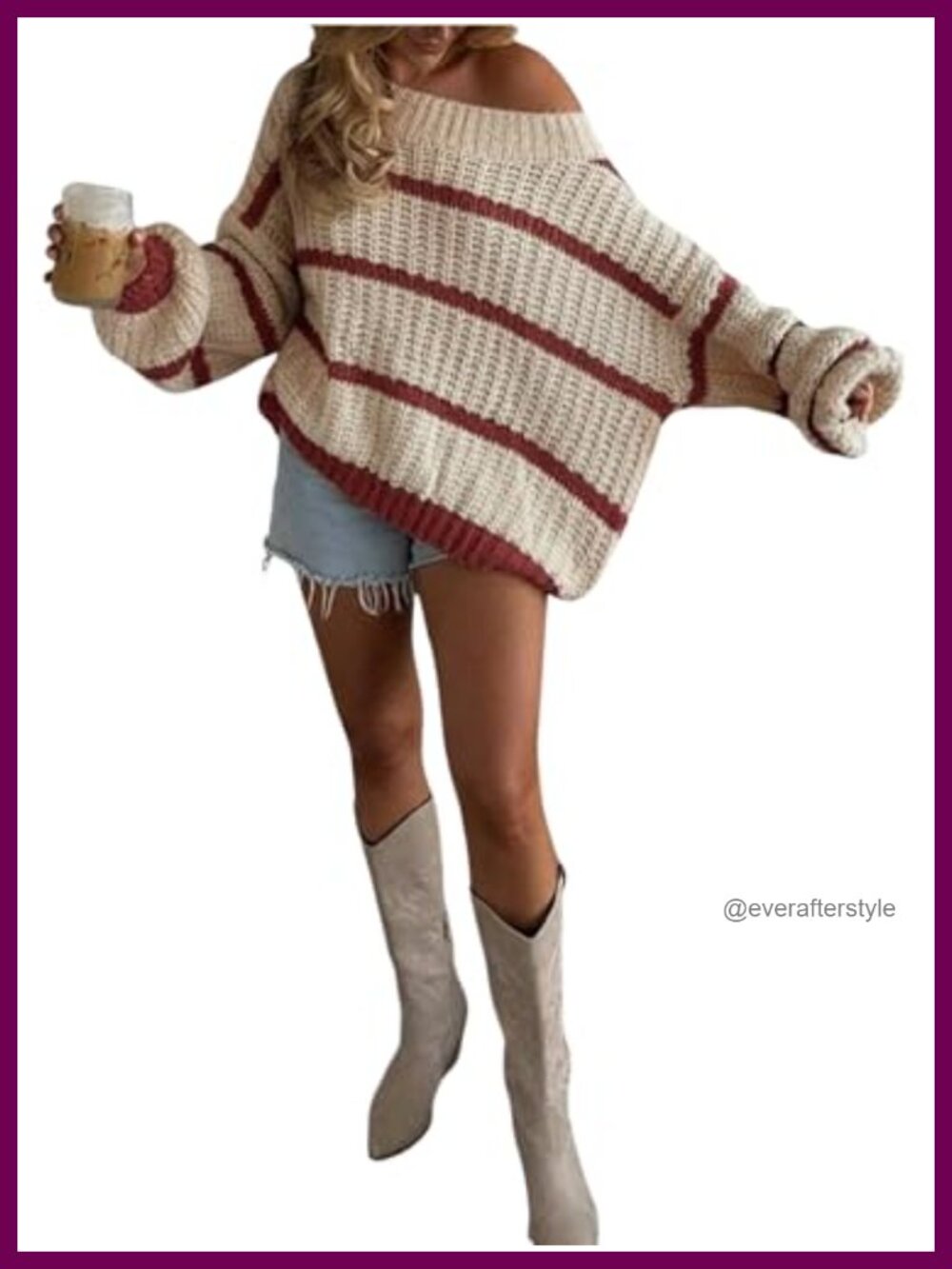 Off Shoulder Striped Sweater Drop Shoulder Loose Fit Knit Pullover